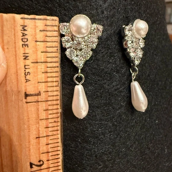 Vintage Rhinestone and Faux Pearl Drop Earrings - Picture 2 of 5